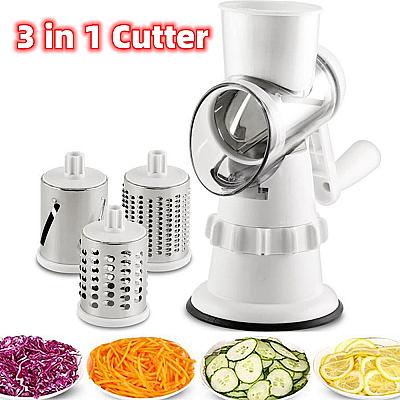 3-in-1 Manual Vegetable Slicer – Rotary Grater, Shredder & Cutter with Suction Base