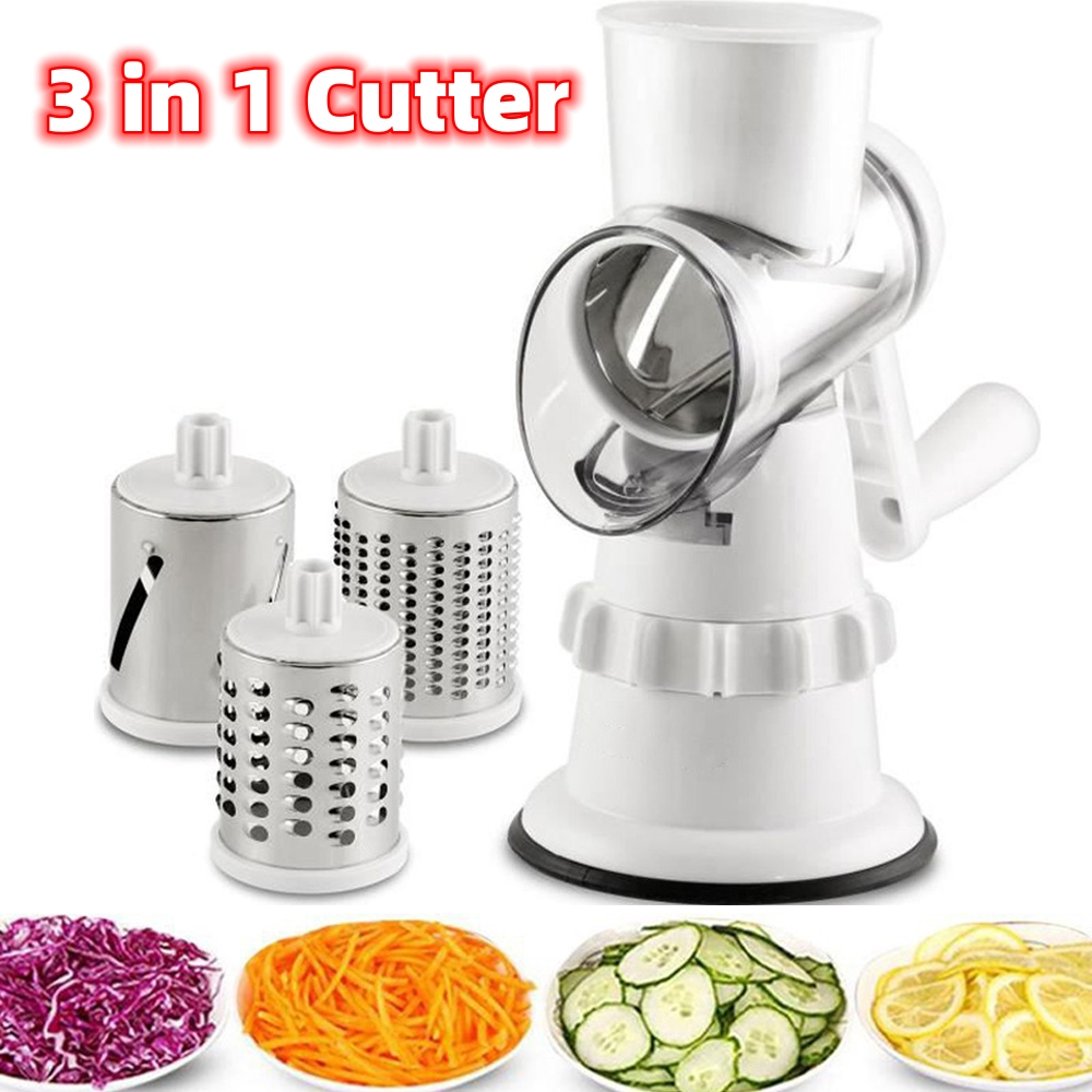 3-in-1 Manual Vegetable Slicer – Rotary Grater, Shredder & Cutter with Suction Base