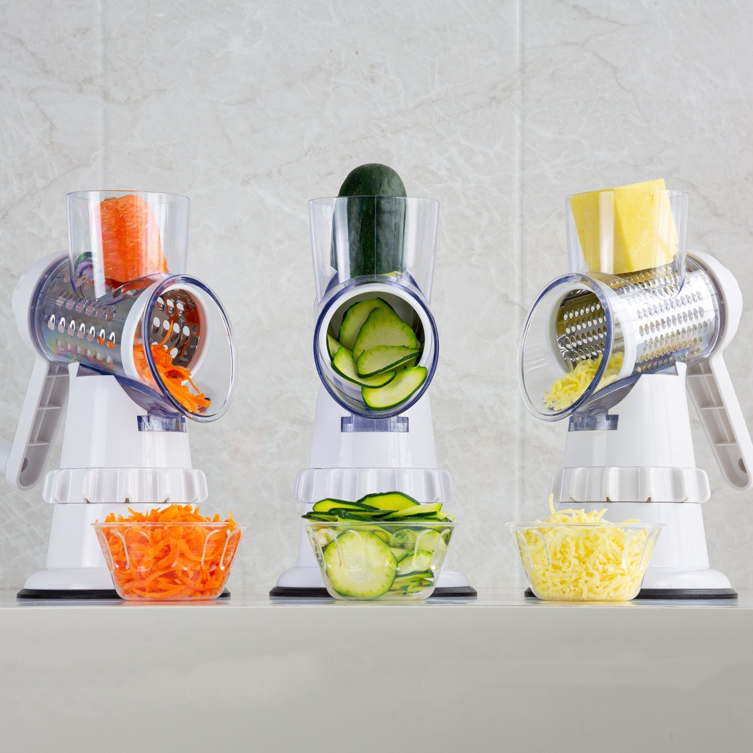 3-in-1 Manual Vegetable Slicer – Rotary Grater, Shredder & Cutter with Suction Base