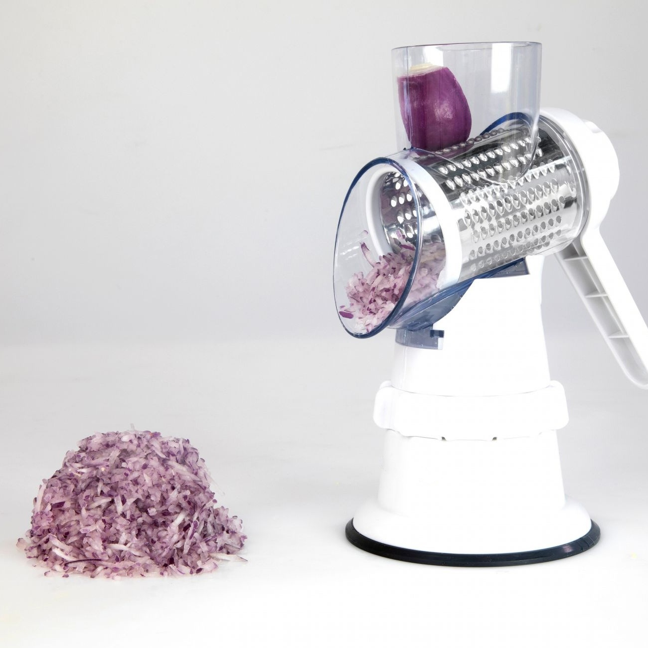 3-in-1 Manual Vegetable Slicer – Rotary Grater, Shredder & Cutter with Suction Base